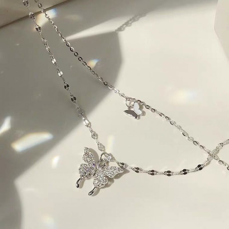 2021 New Double Layer Butterfly Sterling Silver Necklace Women'S Ins Niche Design High-Grade Clavicle Chain Jewelry Pendant - Image 5